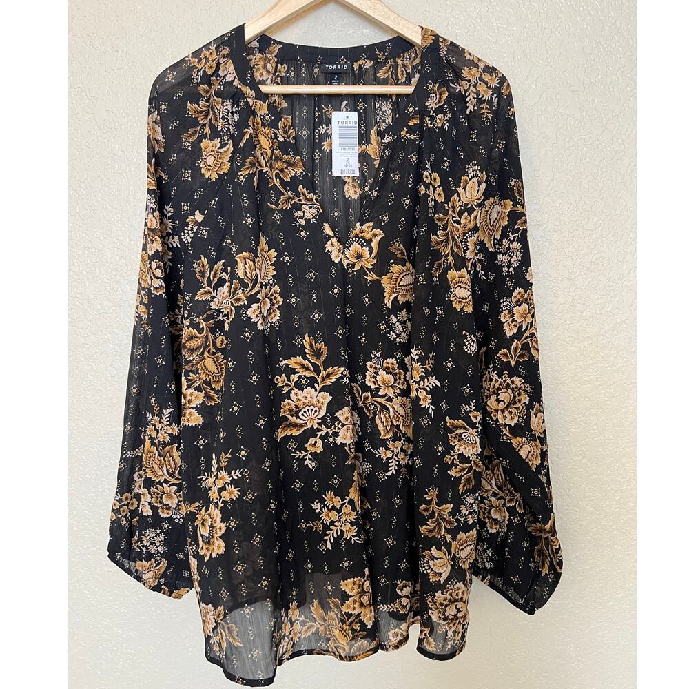 NEW Torrid Peasant Blouse Black Gold Floral Sheer Chiffon Peasant Long Sleeve 2X - Picture 2 of 7